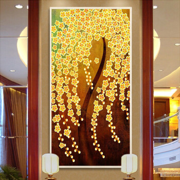 
                                        格丽竖版玄关装饰画客厅走廊挂画 抽象油画金色发财树 现代简欧别墅风水壁画 巨幅有框画 发财树辉煌 30*60CM                