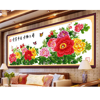 
                                        绣美人电脑机绣十字绣成品九尺牡丹国色牡丹客厅大画 下图装框尺寸220*90CM                