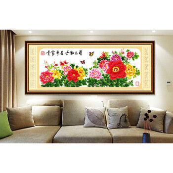 
                                        绣美人电脑机绣十字绣成品九尺牡丹国色牡丹客厅大画 下图装框尺寸220*90CM                