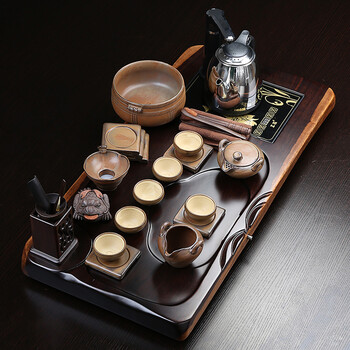 
                                        鑫艺缘 整块黑檀木二合一实木茶盘 茶道紫砂汝窑功夫茶具套装 整套功夫茶托茶台哥窑茶具 套装一 尊者铁锈陶瓷茶具套装                