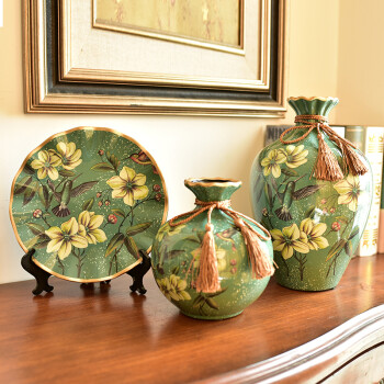 墨菲 欧式陶瓷花瓶摆件三件套复古家居客厅办公室玄关博古架工艺品 花卉（不含花）