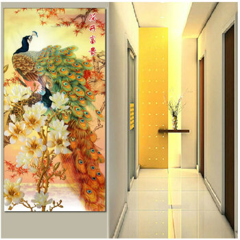 
                                        皇家彼岸十字绣印花新款客厅大画玉兰花开富贵孔雀开屏图牡丹花竖版玄关十字绣套件 中格丝线印花70*124                