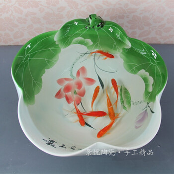 
                                                            景德镇大号陶瓷鱼缸艺术盆乌龟缸绿荷睡莲缸客厅装饰摆件 清香 大号直径42厘米高17厘米                