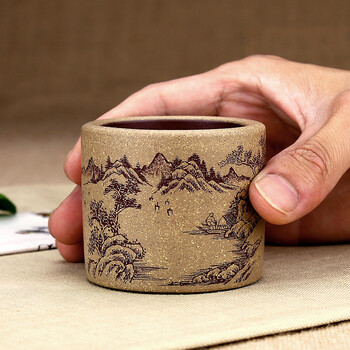 指间陶艺--精品全手工紫砂个人杯主人杯单杯普洱功夫茶杯--粉段刻绘山水品茗杯
