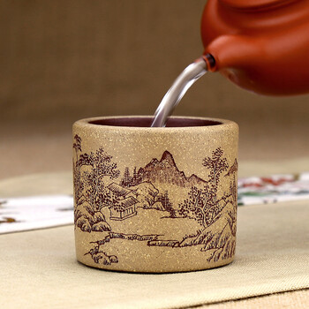 指间陶艺--精品全手工紫砂个人杯主人杯单杯普洱功夫茶杯--粉段刻绘山水品茗杯