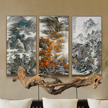 
                                        墙蛙 石径深山处客厅装饰画山水画国画办公室挂画中式沙发背景墙画壁画 洪水发 原木细框-ABC一套 外框尺寸52cmX102cm                