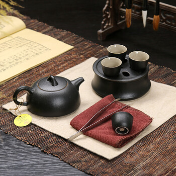 
                                        后瓷 手工黑陶粗陶旅行茶具 陶瓷功夫茶具 礼盒茶具套装 便携式办公茶壶茶杯套装                