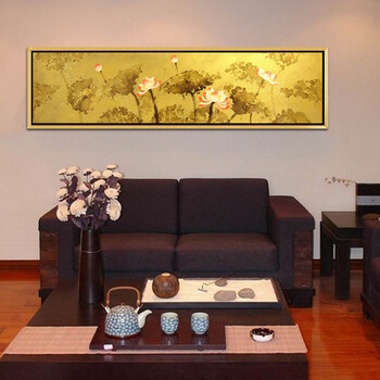 
                                        乐梵东南亚泰式风格油画有框画客厅卧室餐厅装饰画挂画荷花金箔荷花 50*120包含外框尺寸                