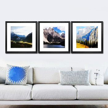 
                                        森朴 现代装饰画简约欧式客厅挂画 书房墙画餐厅壁画 山 摄影风景 3幅1套(ABC) 60*60(黑色框)                