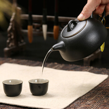 
                                        后瓷 手工黑陶粗陶旅行茶具 陶瓷功夫茶具 礼盒茶具套装 便携式办公茶壶茶杯套装                