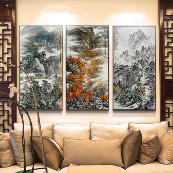 
                                        墙蛙 石径深山处客厅装饰画山水画国画办公室挂画中式沙发背景墙画壁画 洪水发 原木细框-ABC一套 外框尺寸52cmX102cm                