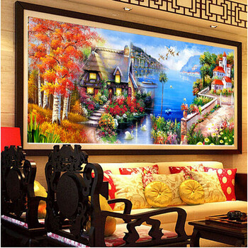 
                                        DMC尖顶魔方钻砖石绣海边小屋 3D新款钻石画客厅风景水晶圆钻十字绣 DMC尖顶魔方钻满钻 150*73cm                
