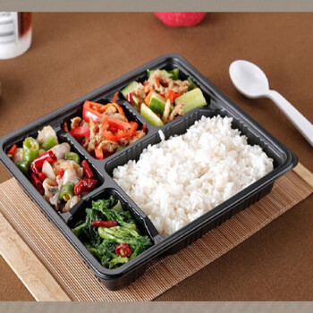 一次性快餐盒多格长方形商务黑色5五格便当外卖餐盒餐具 绿白厚款