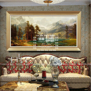 
                                        添画 纯手绘欧式风景油画客厅沙发背景墙挂画横幅山水画壁画 香槟色框 60*120CM                