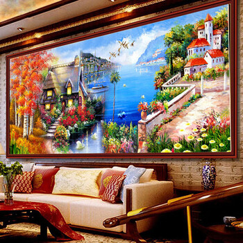 
                                        DMC尖顶魔方钻砖石绣海边小屋 3D新款钻石画客厅风景水晶圆钻十字绣 DMC尖顶魔方钻满钻 150*73cm                