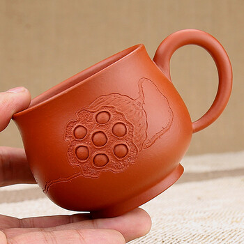 指间陶艺--全手工紫砂个人杯精品品茗杯功夫茶碗--朱泥莲蓬主人杯