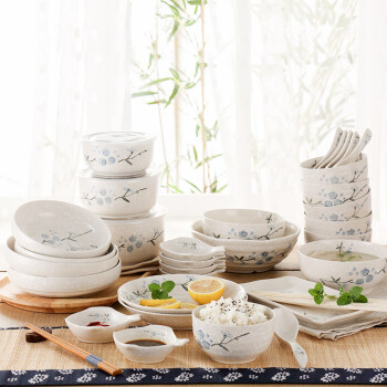 樱之歌日式釉下彩纯手绘雪花釉陶瓷碗碟盘32头餐具套装（微波炉可用）