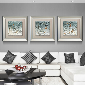 福雕家饰 沙发背景墙画客厅装饰画现代简约立体浮雕画挂画三联有框画 星空 蓝色框画