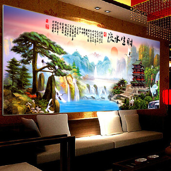 
                                        K-S十字绣客厅新款大幅迎客松流水生财聚宝盆风景山水画2米精准印花szx 3股绣 11CT棉线印花 绣布尺寸190X75cm                