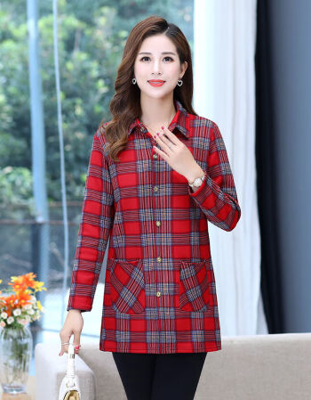 秋季女士衬衫外穿中长款加绒格子衬衫女长袖中年加厚保暖衬衣装外套红