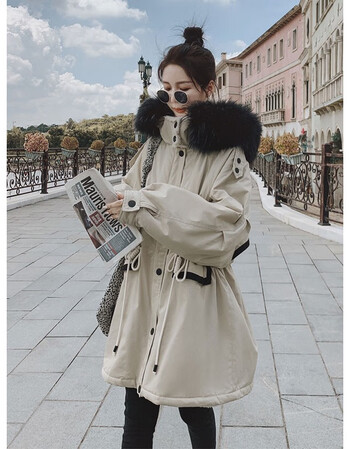 工装派克服女2021冬季新款小个子加绒加厚连帽棉衣外套中长款杏色s