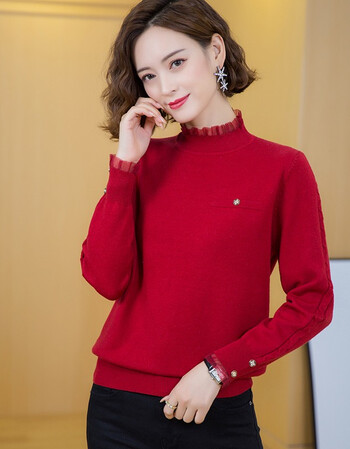 衫女时尚2022年新款春秋休闲木耳边领上衣短款显瘦百搭打底衫潮红色请