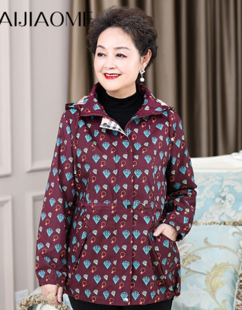 新款妈妈秋装外套短款风衣阔太太印花上衣老人5060中老年女装紫红色l