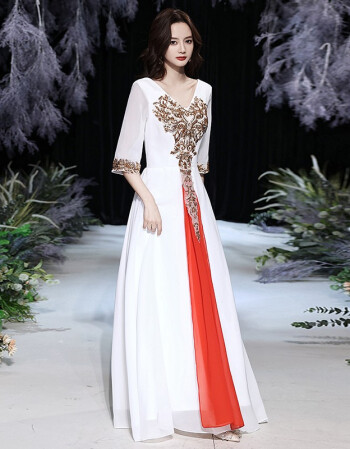 合唱礼服女中国风2021新款气质修身大合唱团演出服装现代舞台长裙白色