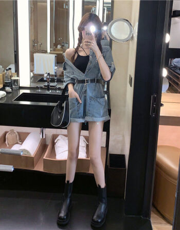 2021夏季新款韩范甜酷女孩穿搭网红炸街工装牛仔连体裤套装蓝色牛仔