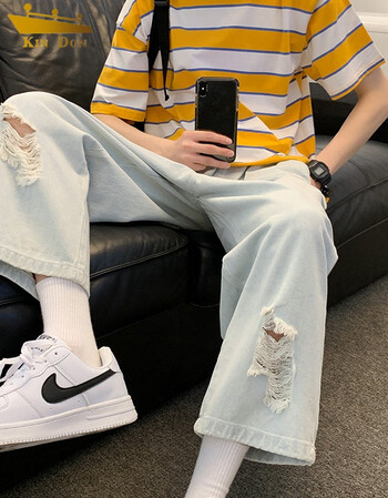 破洞牛仔裤男夏季薄款宽松九分裤痞帅潮流八分阔腿裤男生裤子蓝色l