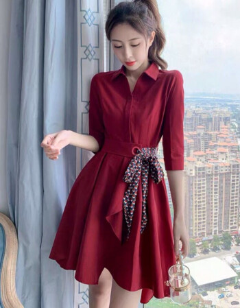 红色衬衫连衣裙春秋新款女神范收腰显瘦法式气质风中长款裙子酒红色