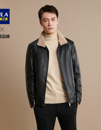 hla/海澜之家加绒立领可脱卸内胆皮质夹克黑色加厚皮衣外套男 黑色h6