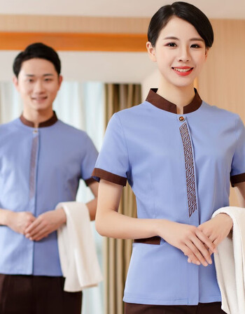 酒店宾馆客房医院物业保洁服套装餐厅清洁工pa工作制服短袖蓝色上衣xl