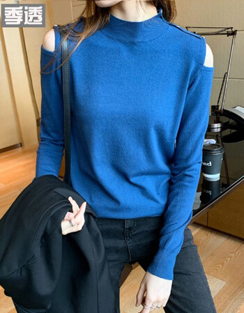 针织衫女长袖秋装新款女装半高领薄款毛衣宽松打底衫气质上衣1蓝色s