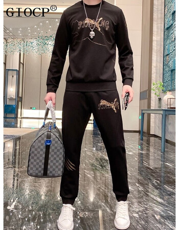 giocp香港潮牌高端刺绣豹子卫衣套装男气质运动时尚秋装休闲男装潮牌