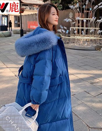 雅鹿轻薄羽绒服女服女长款过膝大毛领韩版白鸭绒派克服收腰显瘦加厚