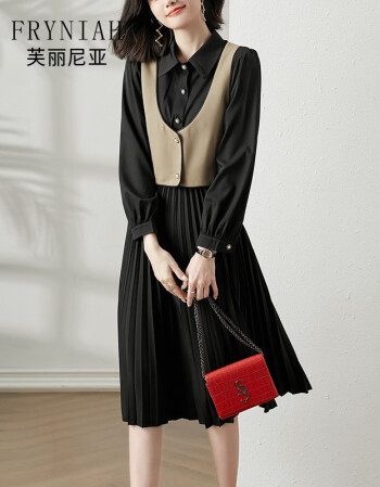 芙丽尼亚品牌21年秋冬新款韩版气质黑色长袖连衣裙女中长款高端名媛