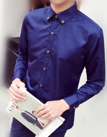 夏季休闲白色短袖衬衫修身男士长分袖衬衣中袖韩版潮男装寸衫 深蓝色