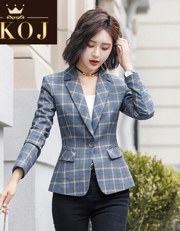 品牌休闲格子西装外套女韩版2018新款秋冬女装修身显瘦职业气质小西服