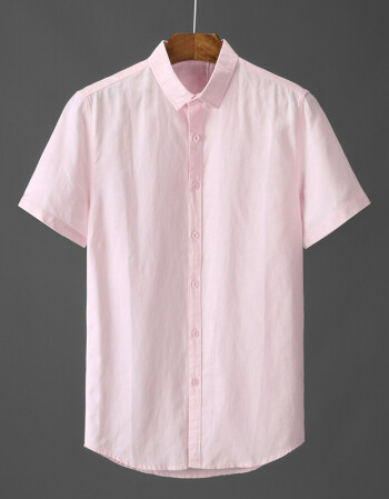 港风方领亚麻男士短袖衬衫青年休闲纯色夏半袖棉麻衬衣麻料i粉红色s