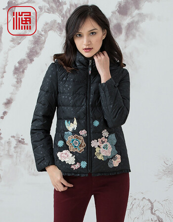 渔牌 年光冉冉 2017冬装小雪花轻盈羽绒服女f15d5085 黑 xl