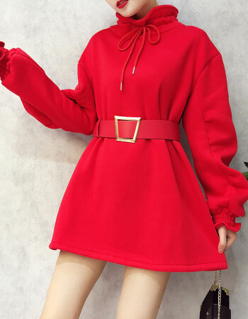 连衣裙冬季2017新款韩版女高领系带加绒长袖卫衣a字裙短裙配腰带 红色