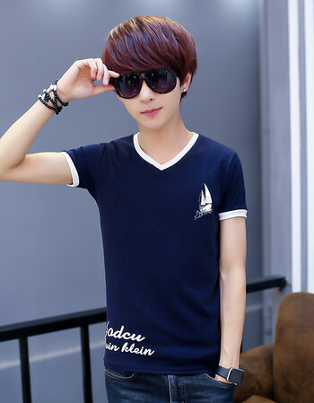 夏季高中初中学生短袖t恤男14-16-18岁潮流衣服韩版帅气男孩 小船蓝色