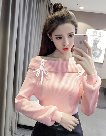 春秋新款韩版灯笼袖套头毛衣女性感一字领露肩长袖针织打底衫上衣