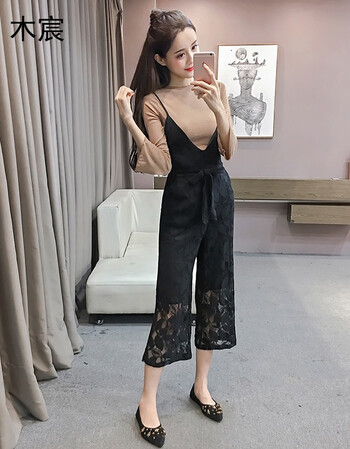 木宸时髦套装女装春装显瘦打底衫吊带蕾丝连衣裤时尚两件套春新款2018