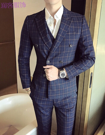 双排扣西服套装男士韩版格子英伦西装三件套新郎结婚礼服修身青年