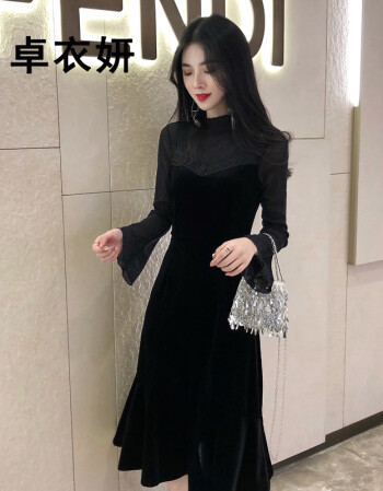 1456#小黑裙蕾丝丝绒高腰连衣裙长袖女加厚喇叭袖打底裙内搭 黑色 s