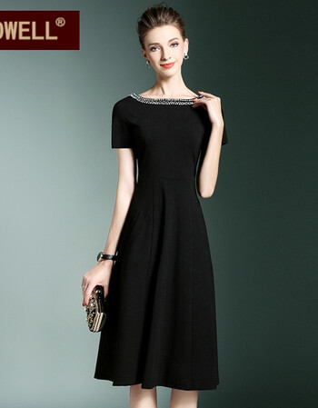 kowell轻奢品牌裙子女夏黑色连衣裙中长款一字领短袖a