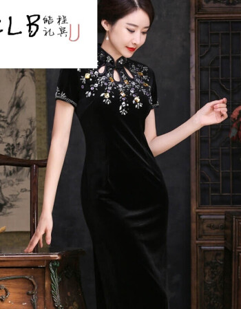 hclb)韩国绒旗袍手工钉珠长款中老年礼服妈妈唐装连衣裙修身改良 黑色