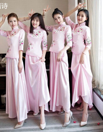 中式伴娘服长款婚礼服裙女姐妹团2019新款民国风复古旗袍粉色春季伴娘